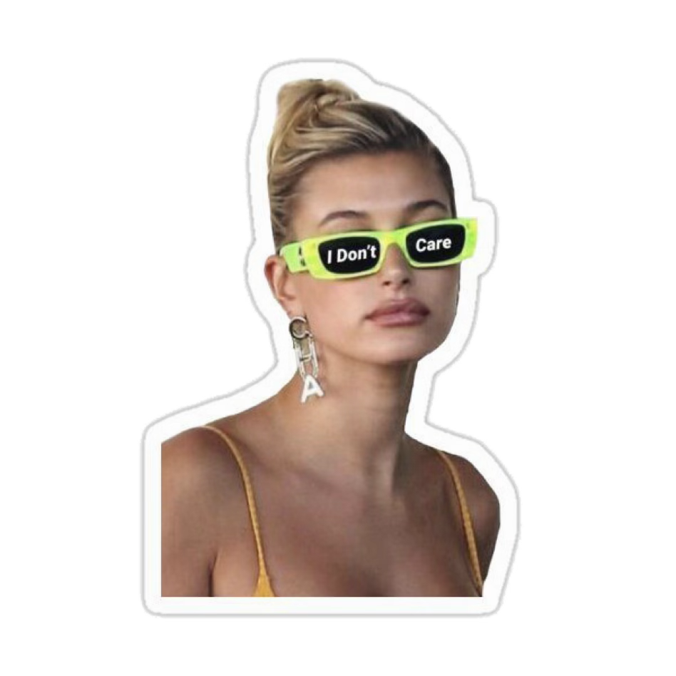 Woman wearing I Don't Care sunglasses sticker